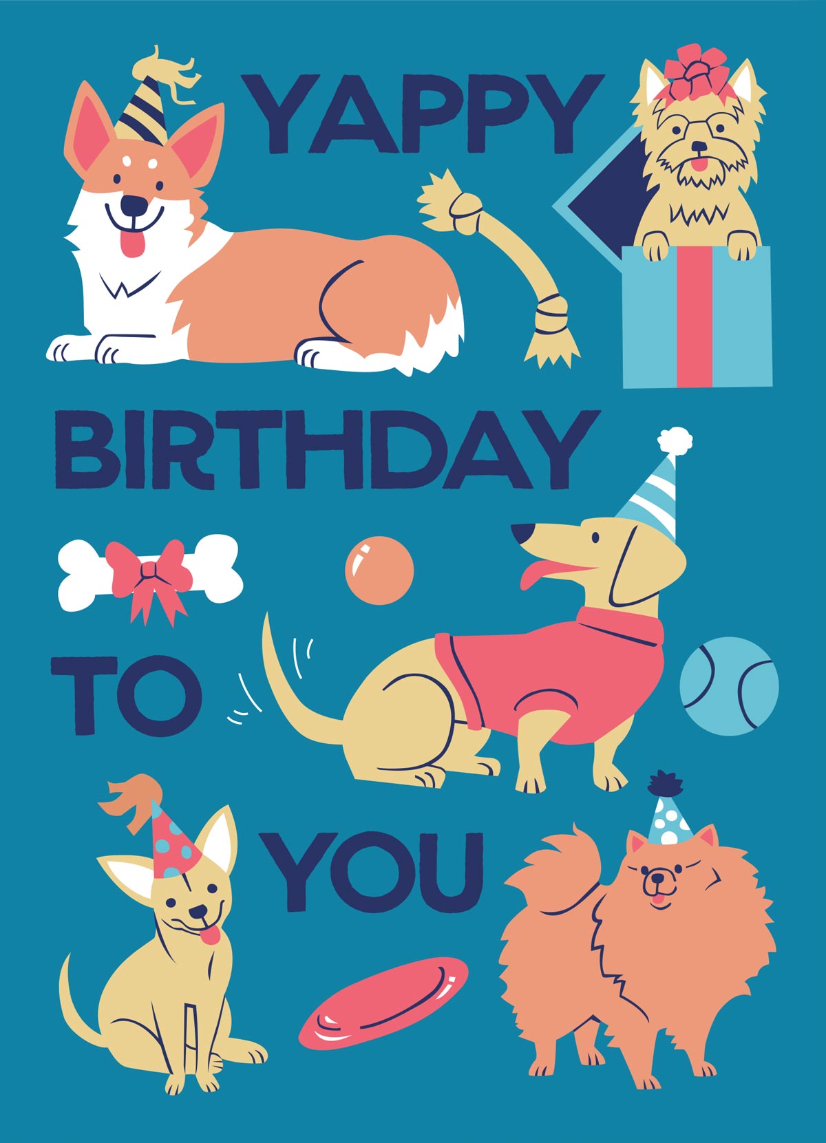 illustrated birthday greeting card design featuring dogs