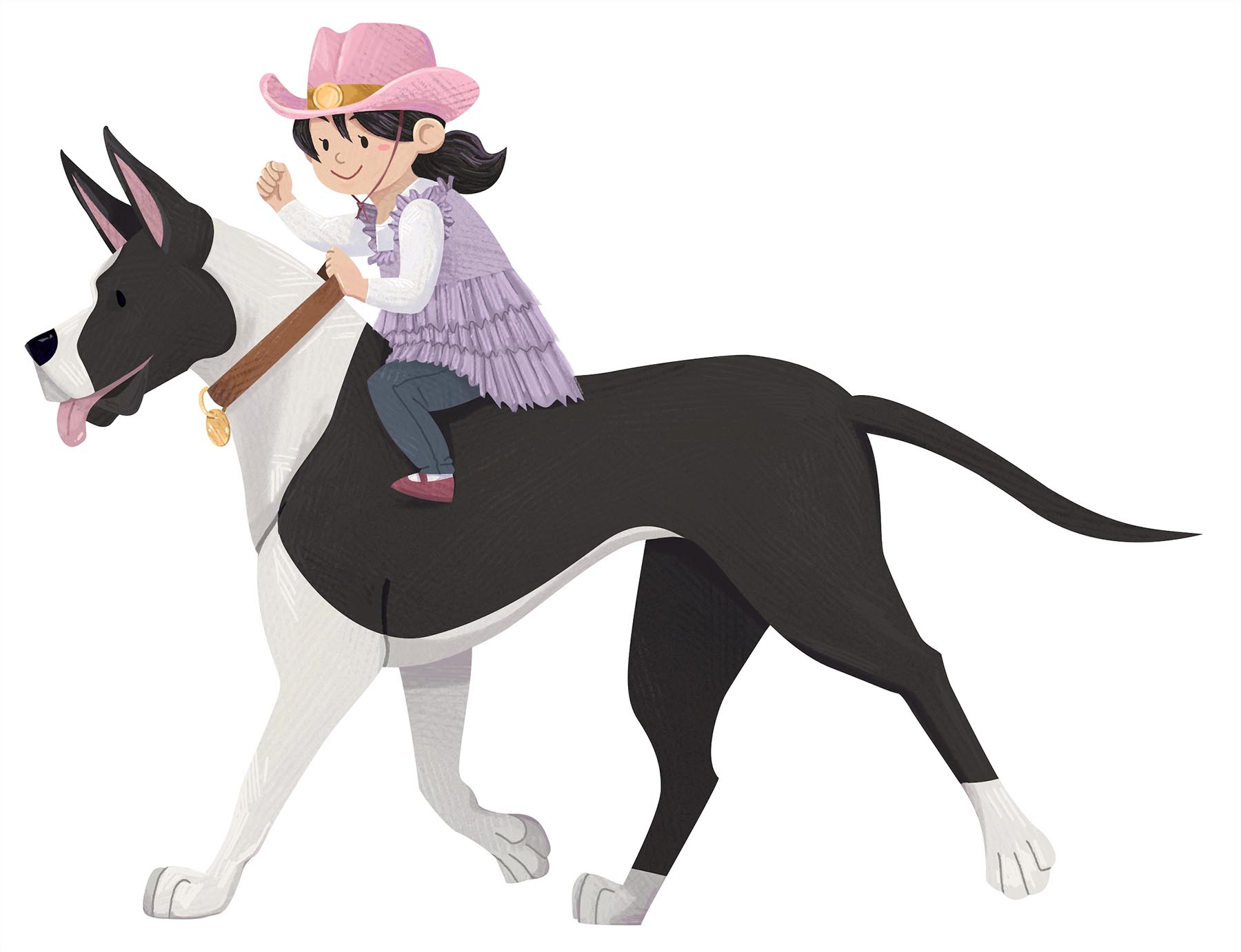 Illustration of a young girl dressed like cowgirl riding a black and white great dane