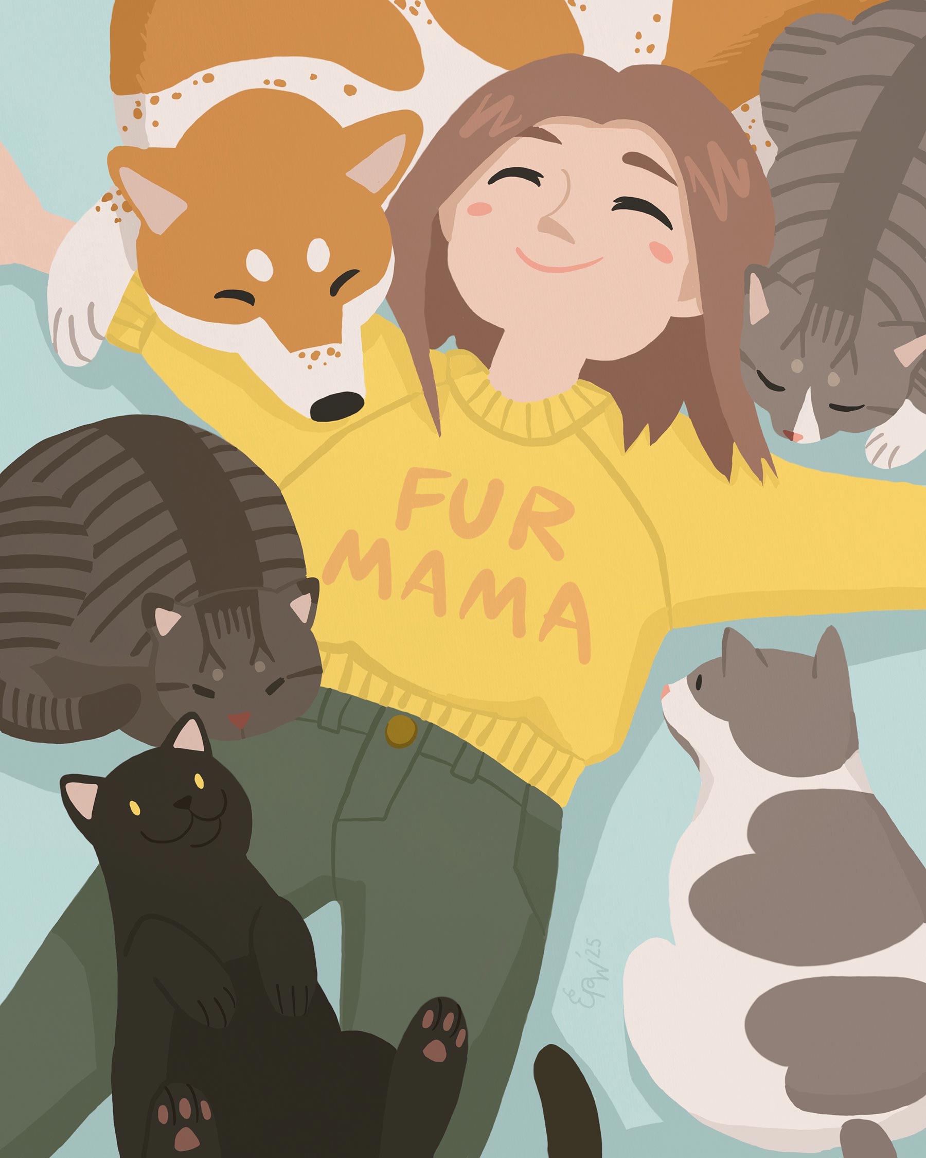 Illustrated self-portrait of Erin Witzel and her pets